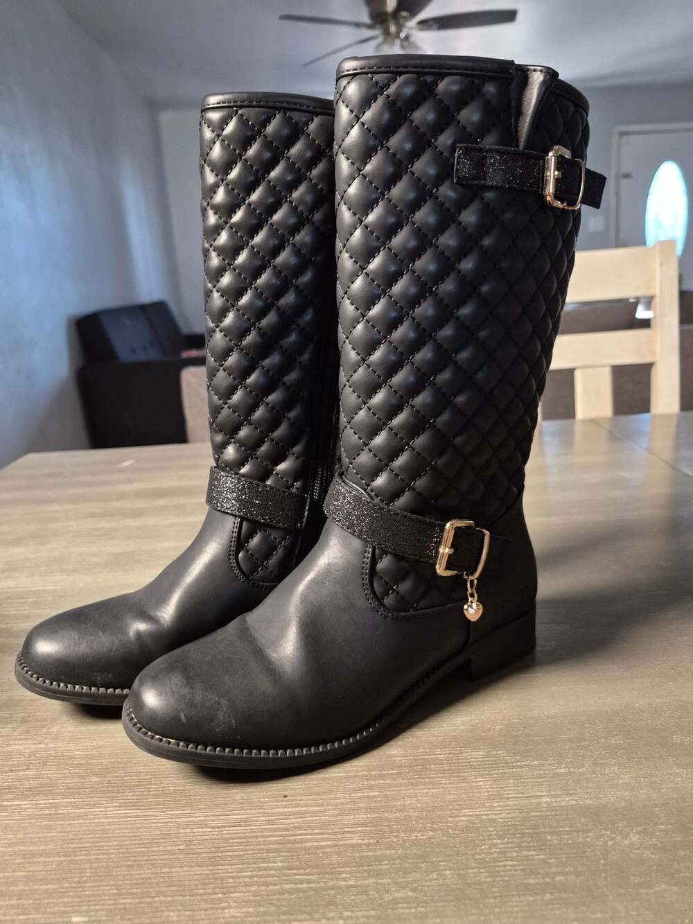 Skechers Black Quilted Fashion Boots with Glitter Buckle and Heart Charm
